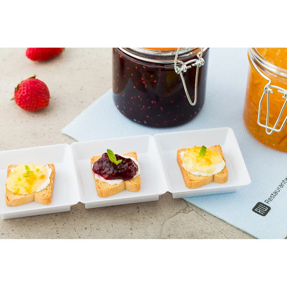 100 Rectangle White 7.5" Plastic Terzetto Mini Plates and 100 Silver Plastic 4" Mini Forks