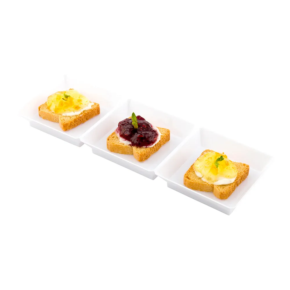 100 Rectangle White 7.5" Plastic Terzetto Mini Plates and 100 Silver Plastic 4" Mini Forks