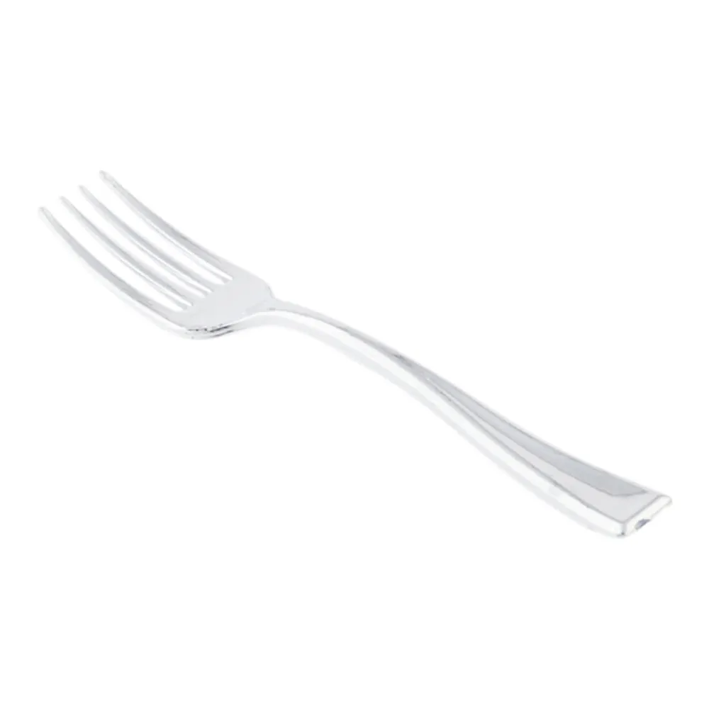 100 Rectangle White 7.5" Plastic Terzetto Mini Plates and 100 Silver Plastic 4" Mini Forks