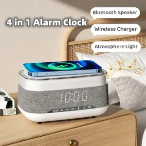 4-in-1 Smart Alarm Clock with Wireless Charger, Bluetooth Speaker & LED Light