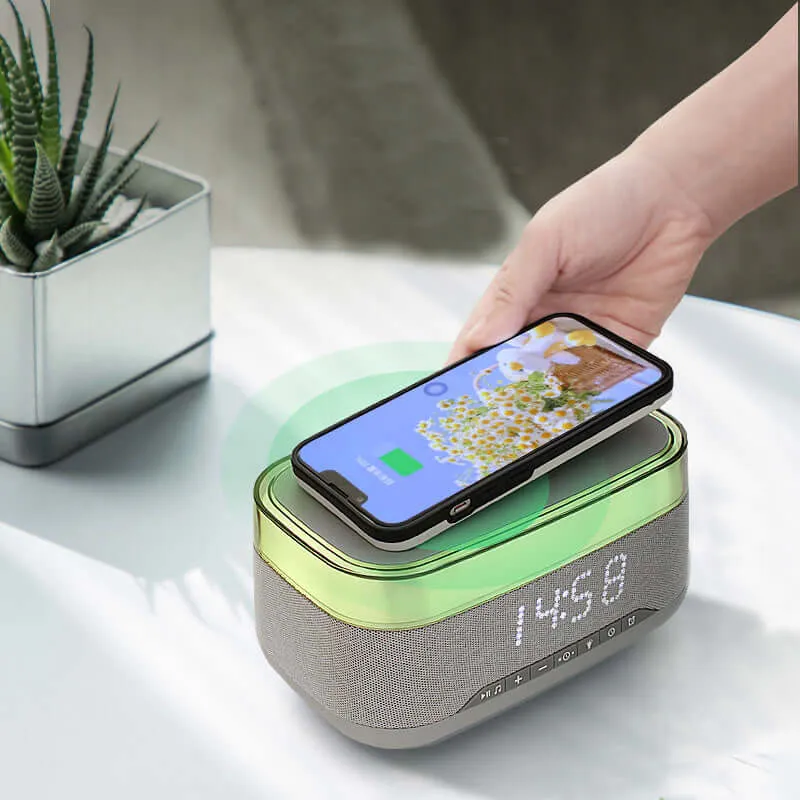 4-in-1 Smart Alarm Clock with Wireless Charger, Bluetooth Speaker & LED Light