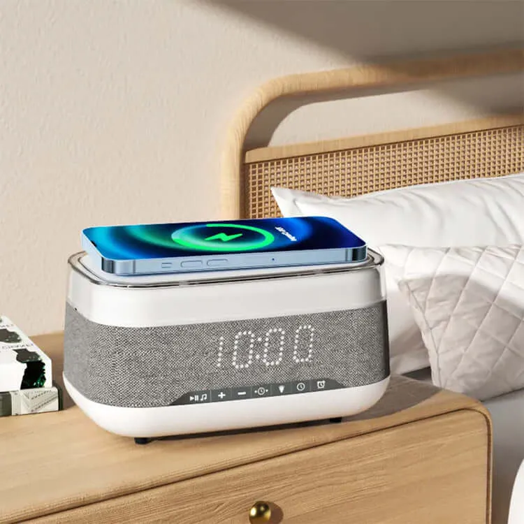 4-in-1 Smart Alarm Clock with Wireless Charger, Bluetooth Speaker & LED Light
