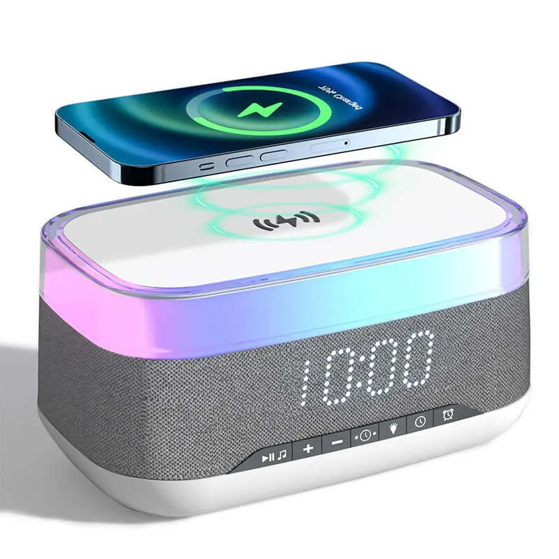 4-in-1 Smart Alarm Clock with Wireless Charger, Bluetooth Speaker & LED Light