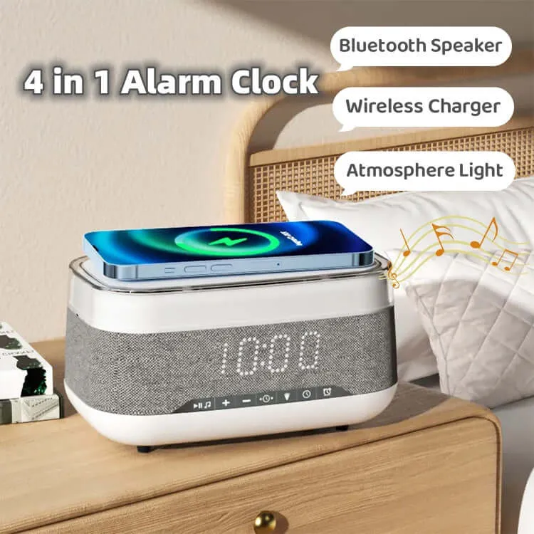 4-in-1 Smart Alarm Clock with Wireless Charger, Bluetooth Speaker & LED Light