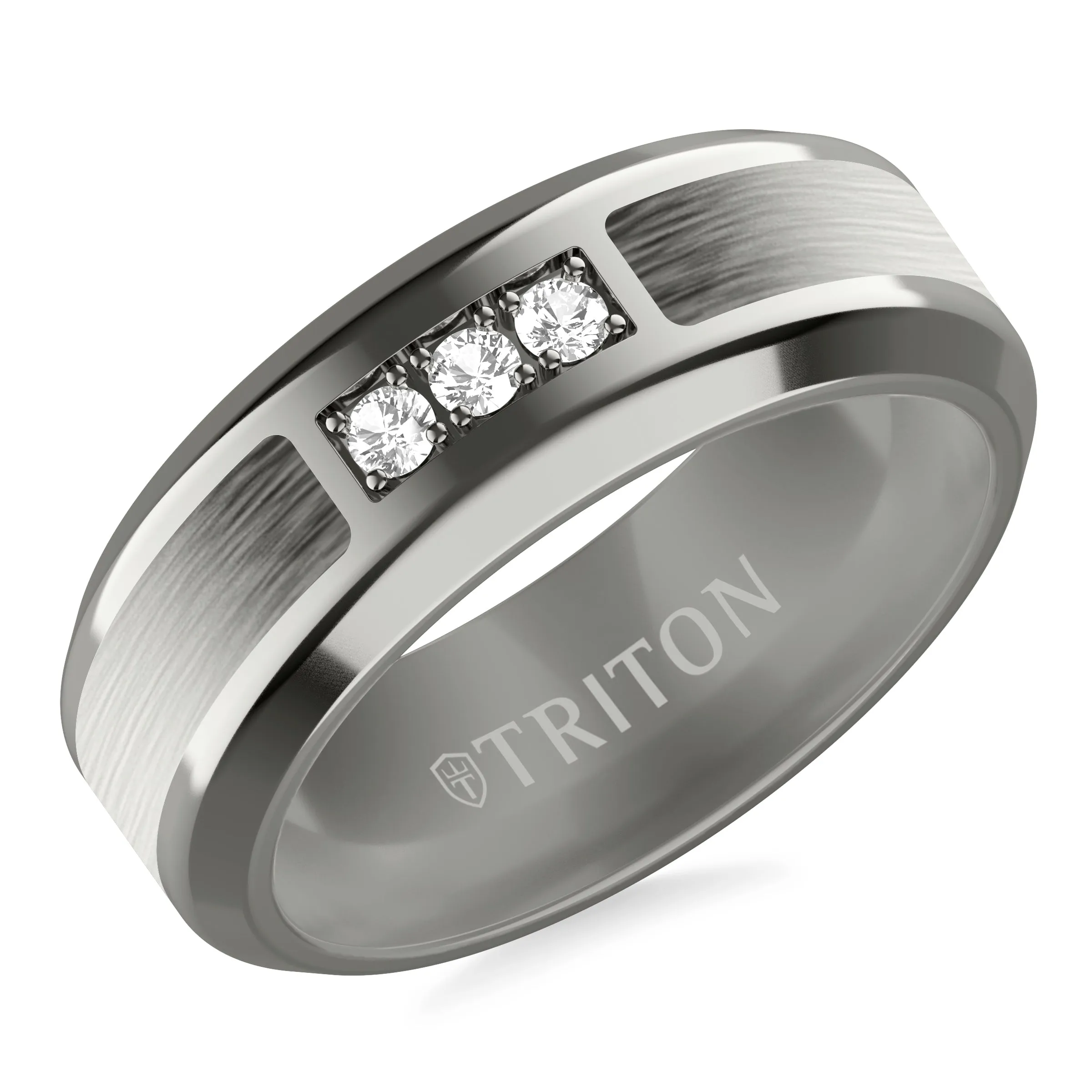 8MM Tantalum Ring - Three-Stone Lab-Created Diamonds and Wide Grey Inlay with Bevel Edge