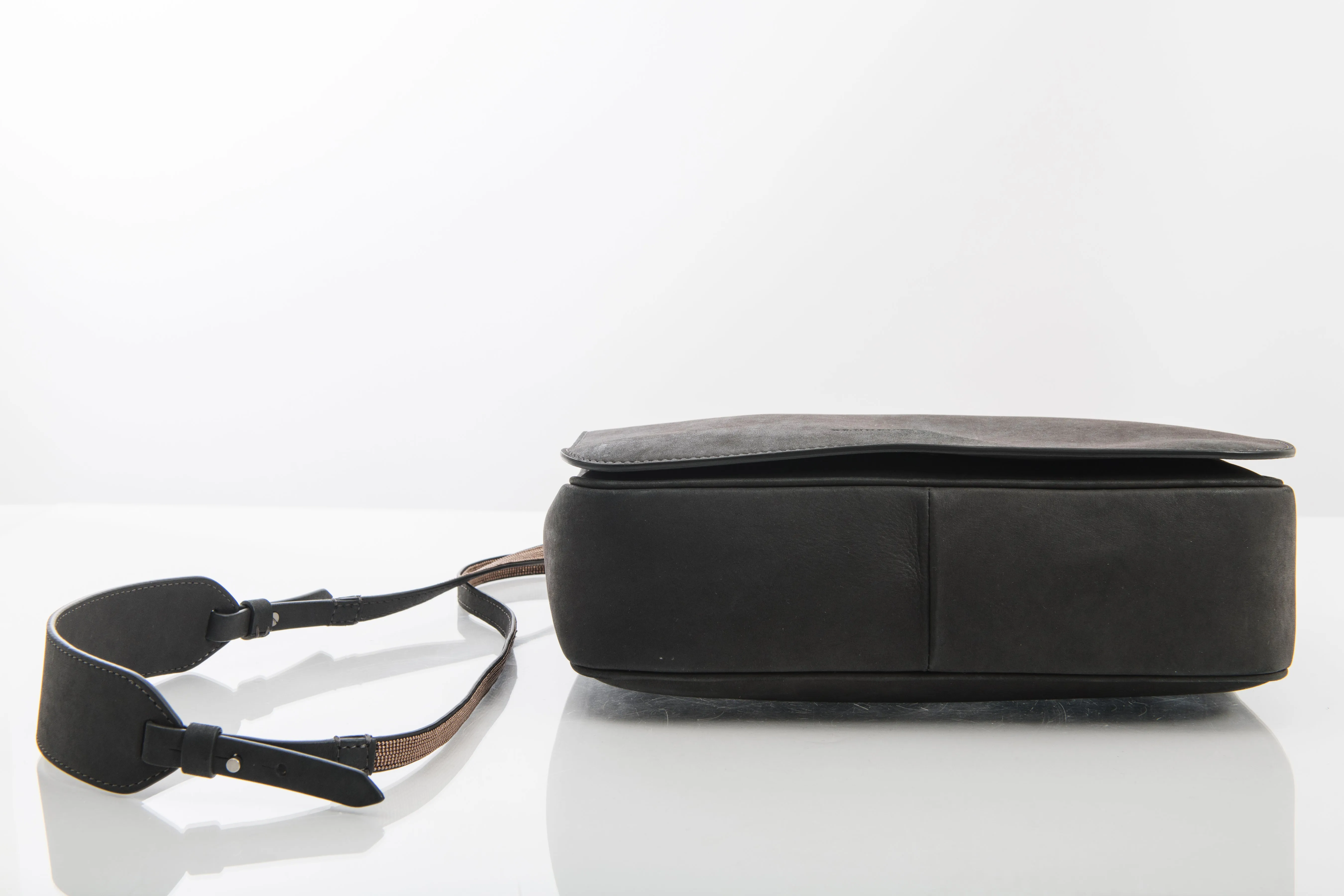 Brunello Cucinelli Nubuck Grey Messenger Bag with Copper Beaded Strap