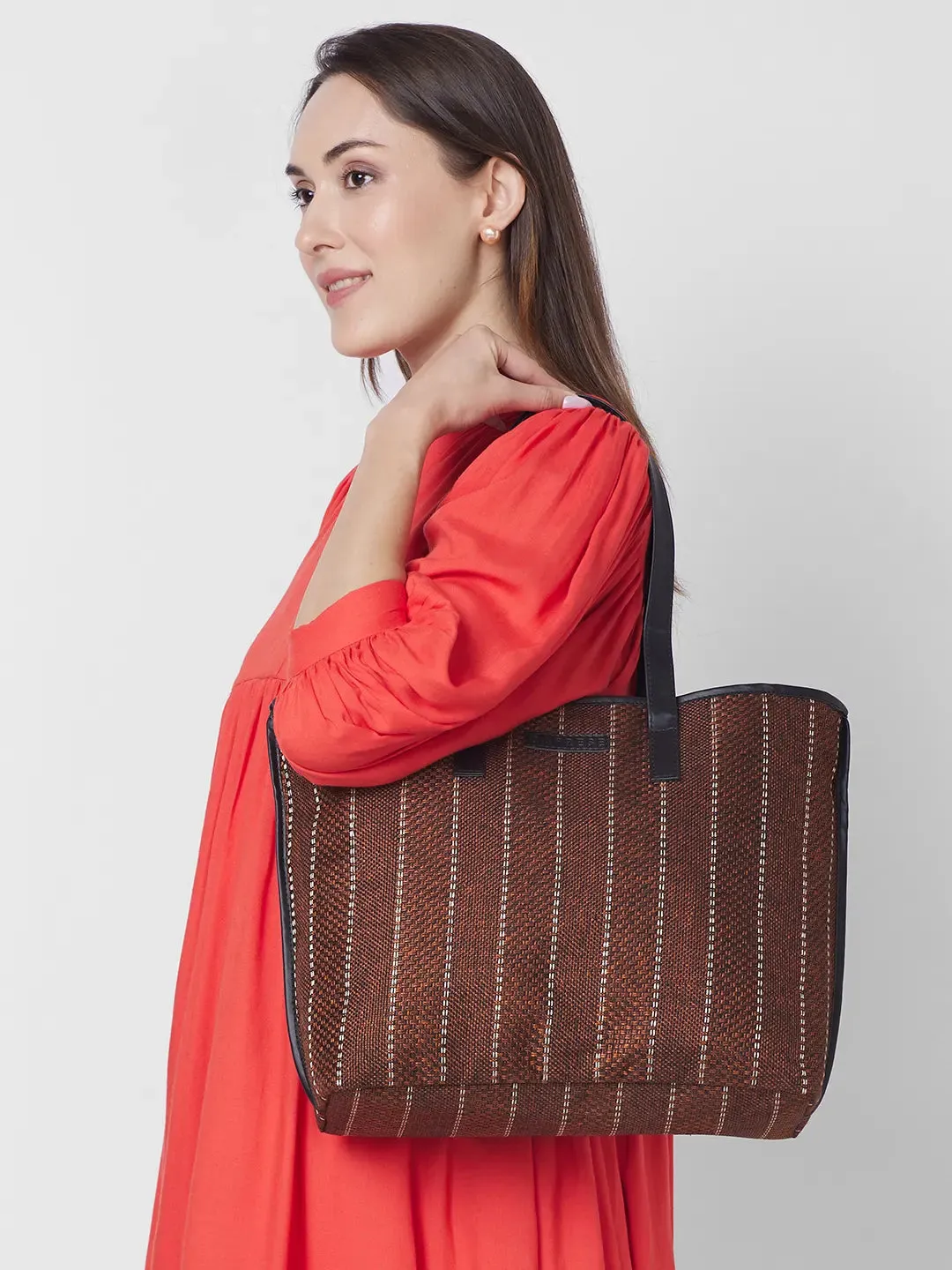 Caprese Evana Tote Medium Striped Women'S Handbag Rust