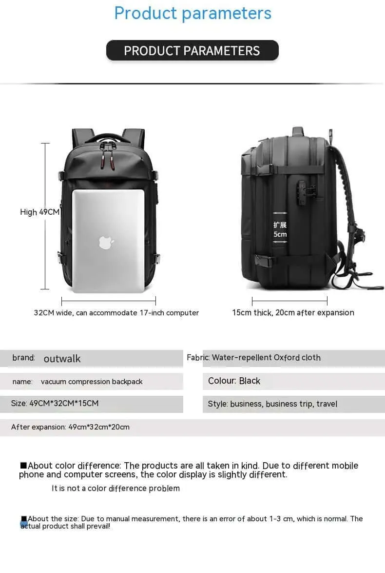 Compression Travel Backpack – USB Charger & Anti-Theft