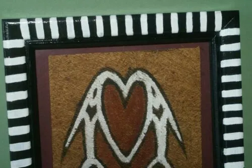 CUSTOM FRAMED Rare Tapa Kapa Bark Cloth (Called Kapa in Hawaii), from Lake Sentani, Irian Jaya, Papua New Guinea. Hand painted with natural pigments by a Tribal Artist: Abstract Geometric Stylized Fish Motifs 7"x 6" DFBA7