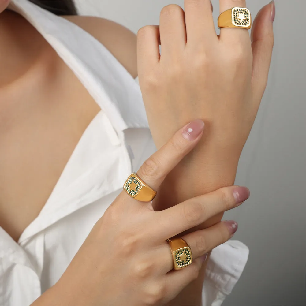 European Luxe Copper Square Zircon Star Open Ring - Women's Light Luxury Jewelry