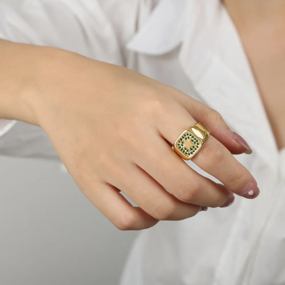 European Luxe Copper Square Zircon Star Open Ring - Women's Light Luxury Jewelry