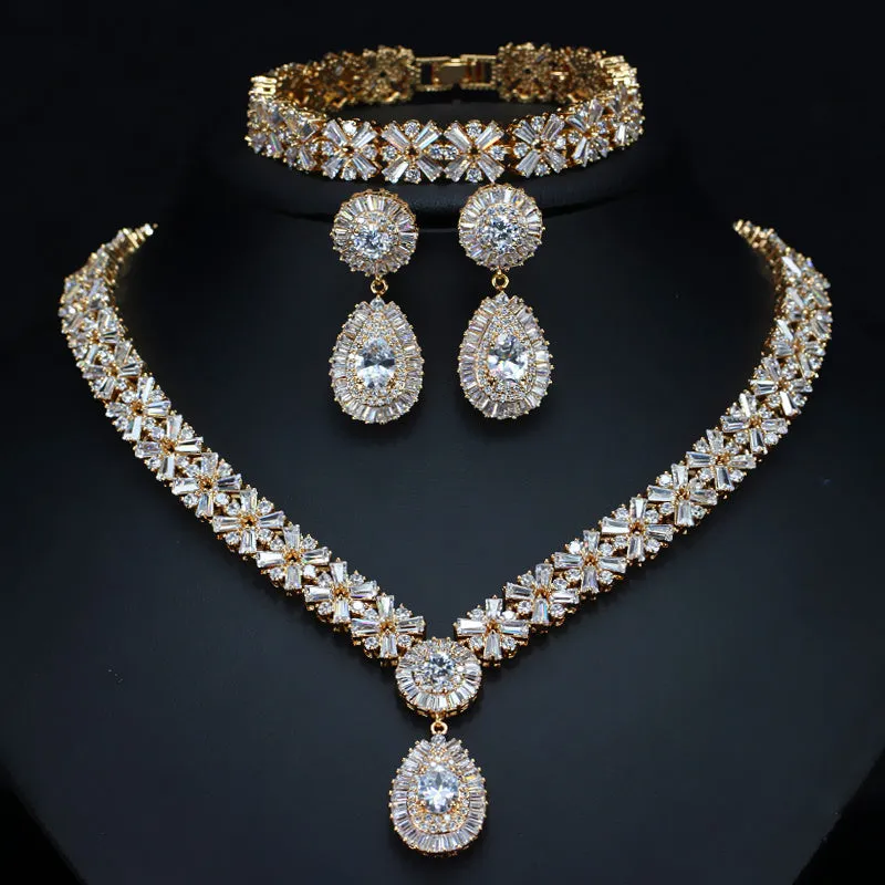 Exclusive Dubai Gold Plated Luxury Necklace, Earring, & Bracelet Jewelry Set