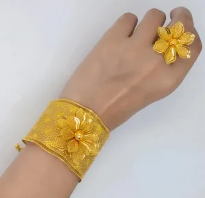 Fashion Dubai Gold Color Luxury Flower Bangle & Ring For Women S4830552