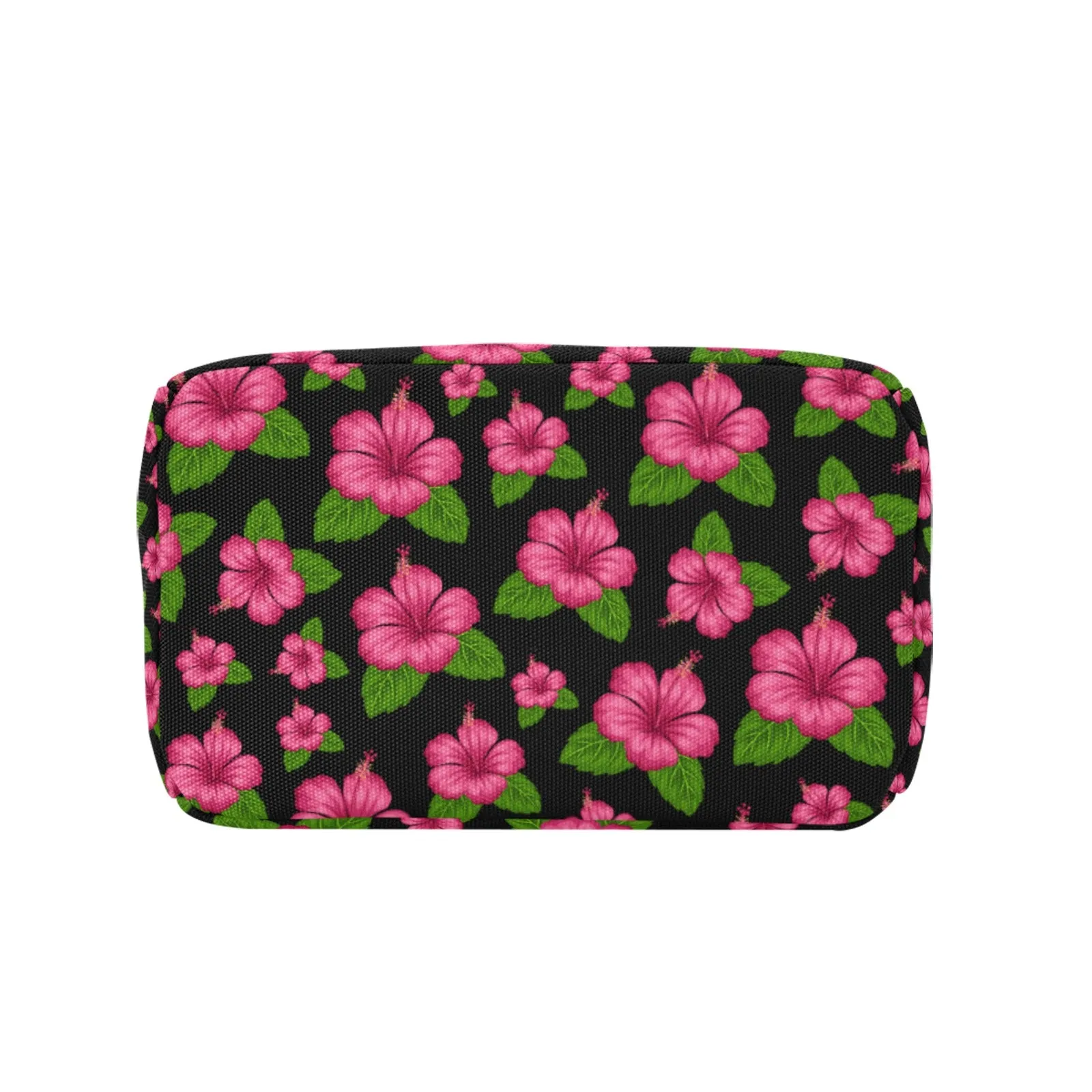 Graphic Pink Hibiscus Black Insulated Zipper Lunch Bag