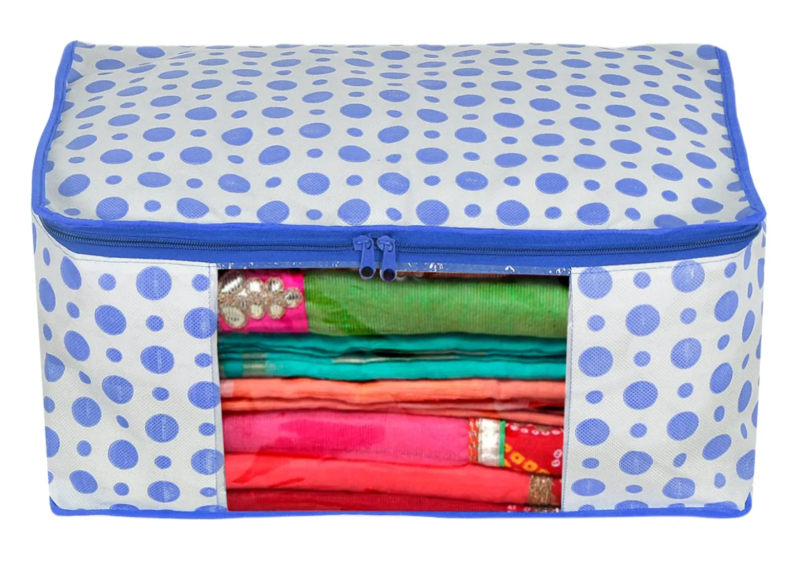Heart Home Dot Printed Foldable, Lightweight Non-Woven 2 Saree Cover & 2 Underbed Storage Bag Set For Saree, Clothes, Blankets With Tranasparent Window, Set of 4 (Blue)-46HH0618