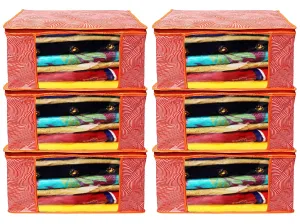 Heart Home Lahariya Design Non-woven Sarees, Clothes Cover/Organizer With Transparent Window- Pack of 6 (Orange)-44HH0380