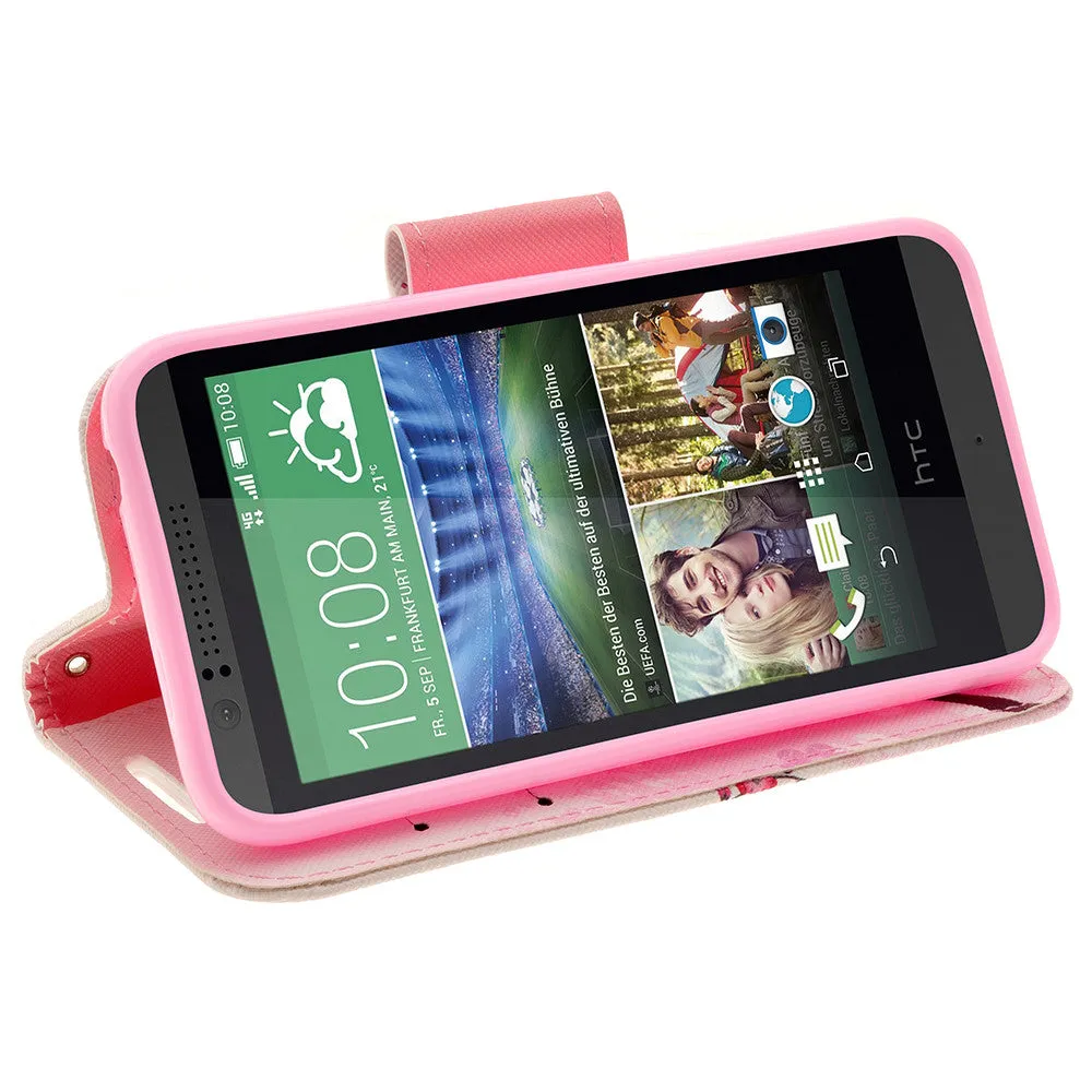 HTC Desire 510 Case, Wrist Strap Magnetic Fold[Kickstand] Pu Leather Wallet Case with ID & Credit Card Slots for HTC Desire 510 - Cherry Blossom