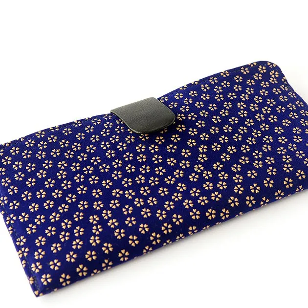 Koshu Inden Japanese Deerskin Leather with Urushi (Japanese Lacquer) Long Wallet - Cherry Blossom / Navy -