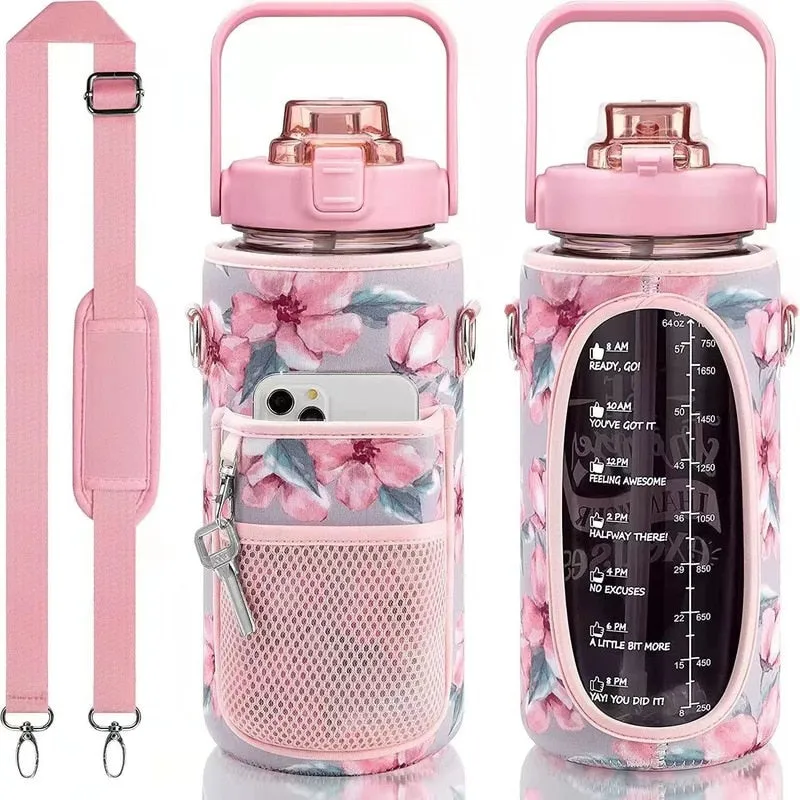 Large Half Gallon/64oz Motivational Water Bottle Set with Time Marker & Straw, Leakproof Tritan BPA Free Water Jug