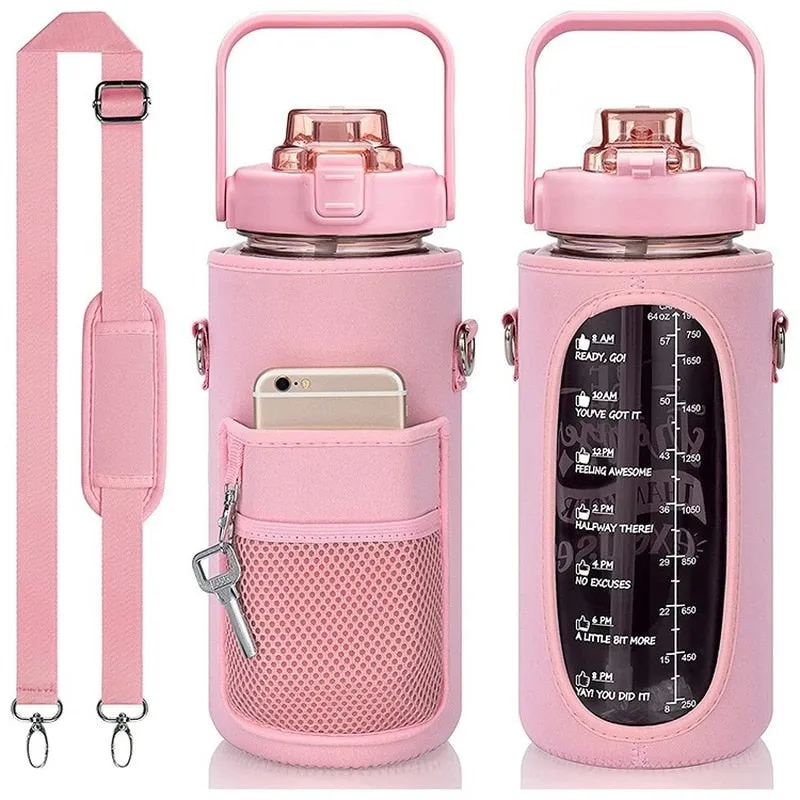 Large Half Gallon/64oz Motivational Water Bottle Set with Time Marker & Straw, Leakproof Tritan BPA Free Water Jug