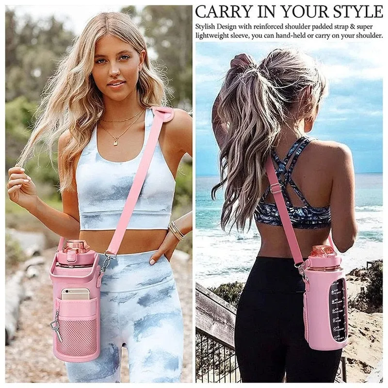 Large Half Gallon/64oz Motivational Water Bottle Set with Time Marker & Straw, Leakproof Tritan BPA Free Water Jug