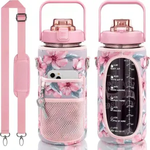 Large Half Gallon/64oz Motivational Water Bottle Set with Time Marker & Straw, Leakproof Tritan BPA Free Water Jug