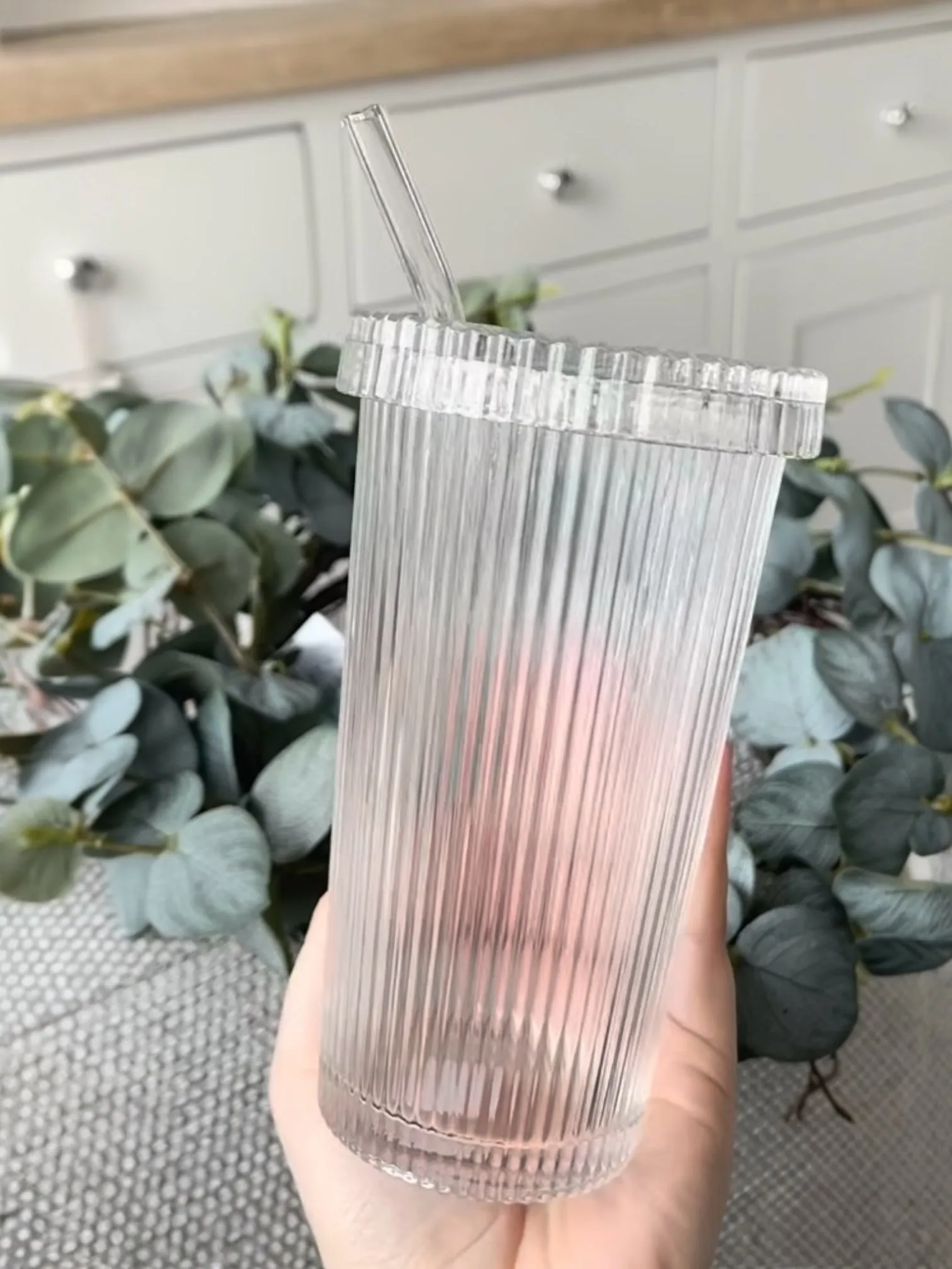 Large Stripped Glass Lided Coffee Mug