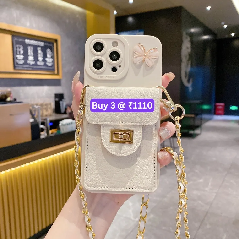 Luxury PU Leather Wallet Silicone Phone Case with Crossbody Chain Card Slot Bag - iPhone 15 Plus