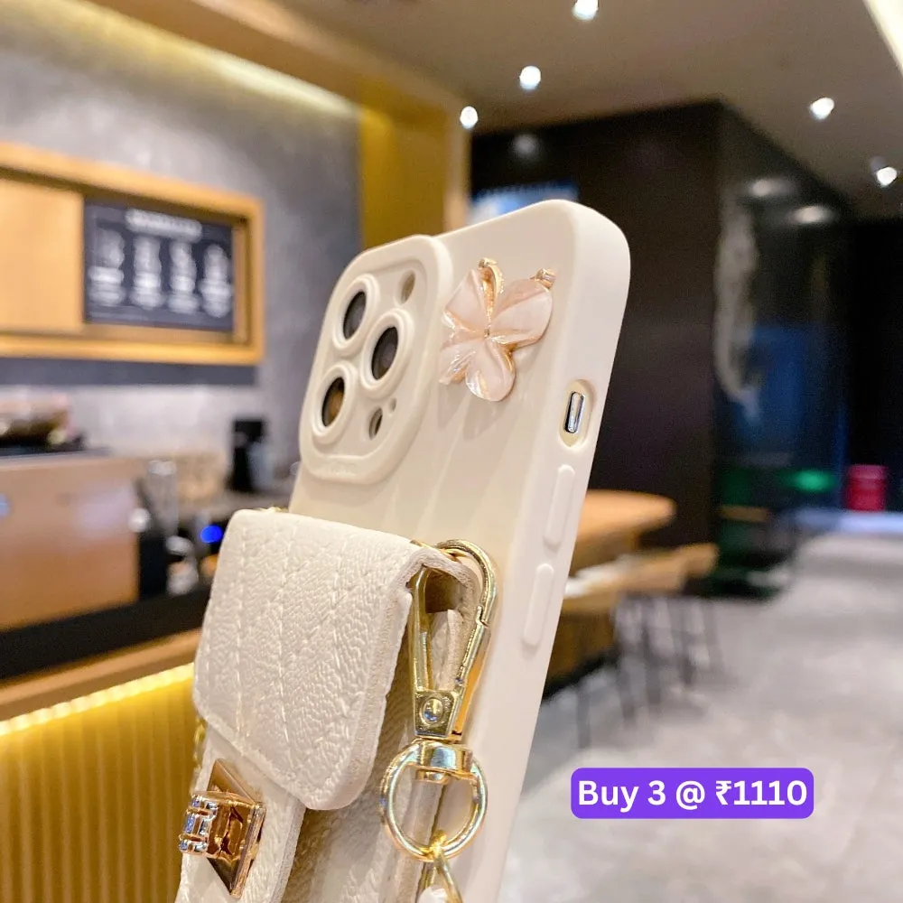 Luxury PU Leather Wallet Silicone Phone Case with Crossbody Chain Card Slot Bag - iPhone 15 Plus