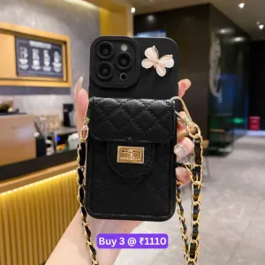 Luxury PU Leather Wallet Silicone Phone Case with Crossbody Chain Card Slot Bag - iPhone 15 Plus