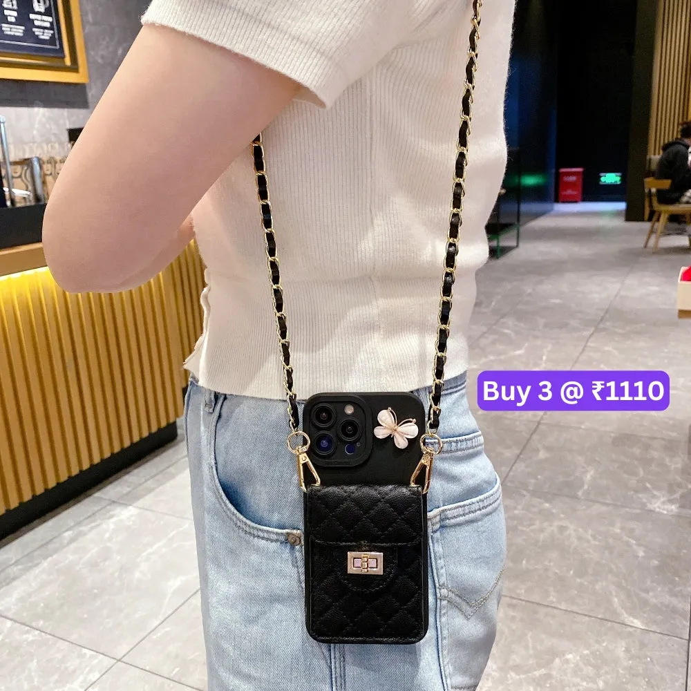 Luxury PU Leather Wallet Silicone Phone Case with Crossbody Chain Card Slot Bag - iPhone 15 Plus