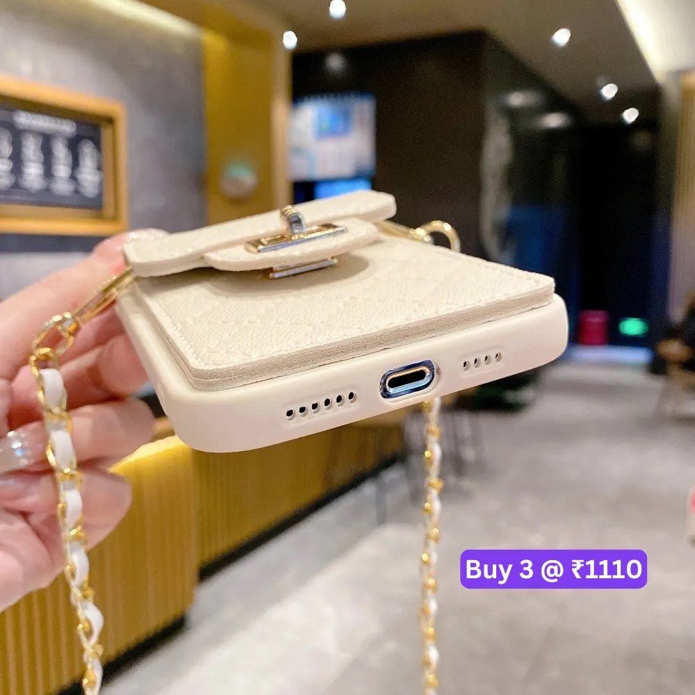 Luxury PU Leather Wallet Silicone Phone Case with Crossbody Chain Card Slot Bag - iPhone 15 Plus