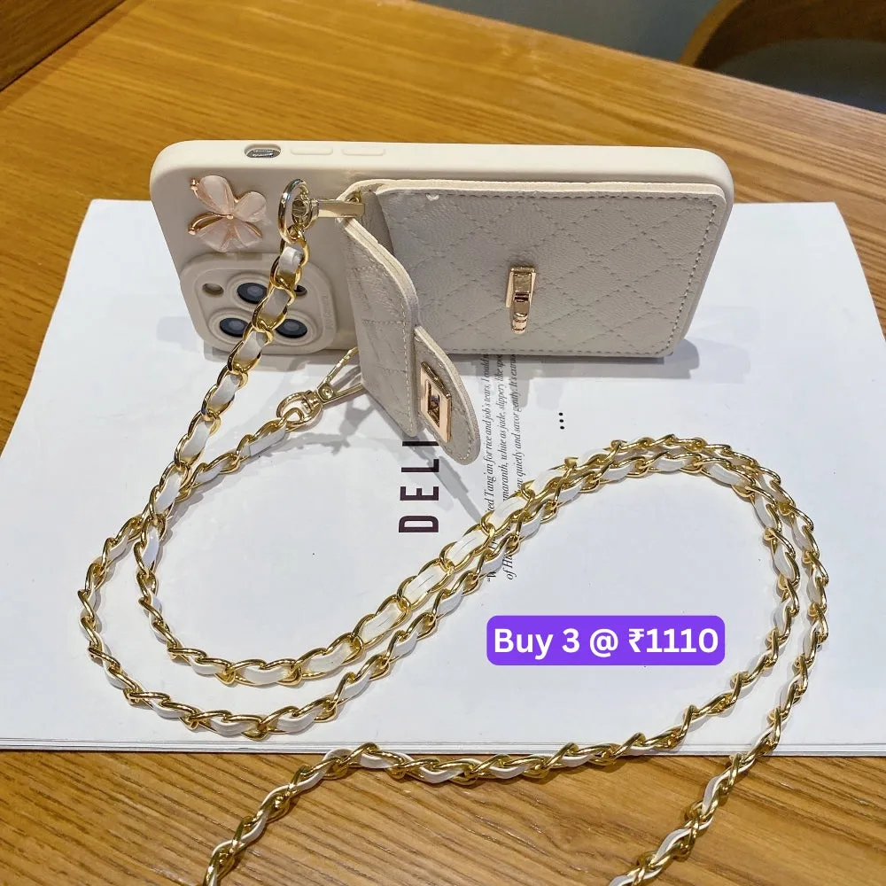 Luxury PU Leather Wallet Silicone Phone Case with Crossbody Chain Card Slot Bag - iPhone 15 Plus