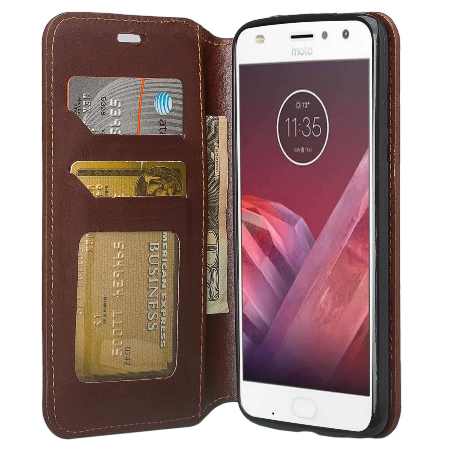 Motorola Moto Z2 Play Case, Moto Z2 Play Wallet Case, Slim Flip Folio [Kickstand] Pu Leather Wallet Case with ID & Card Slots & Pocket - Brown