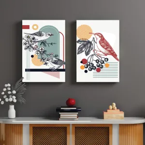 Painting Mantra Stretched Canvas Painting Colorful Jarden Birds, Flower For Living Room Decoration, Modern Colorful Aesthetic Home Décor (Set of 2, Size: 16x22 Inch)