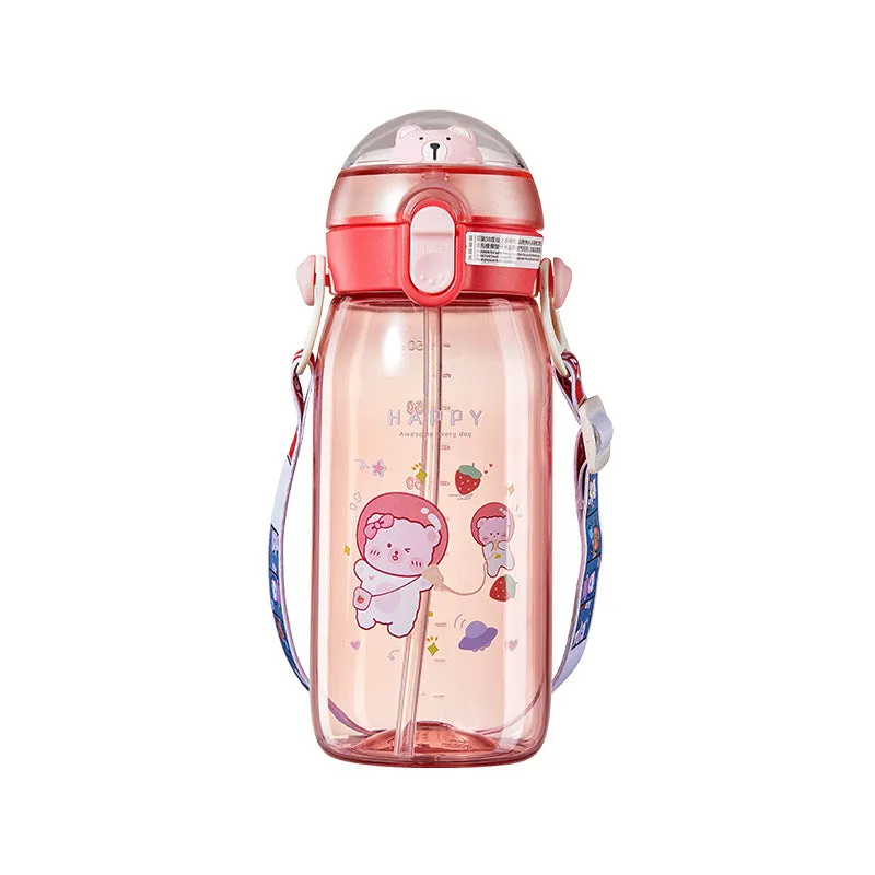 Premium Quality Cute Animal Design 550ml Water Bottle with Straw Strap and Side Handle Water Bottle