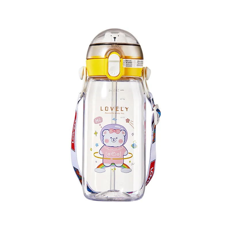 Premium Quality Cute Animal Design 550ml Water Bottle with Straw Strap and Side Handle Water Bottle