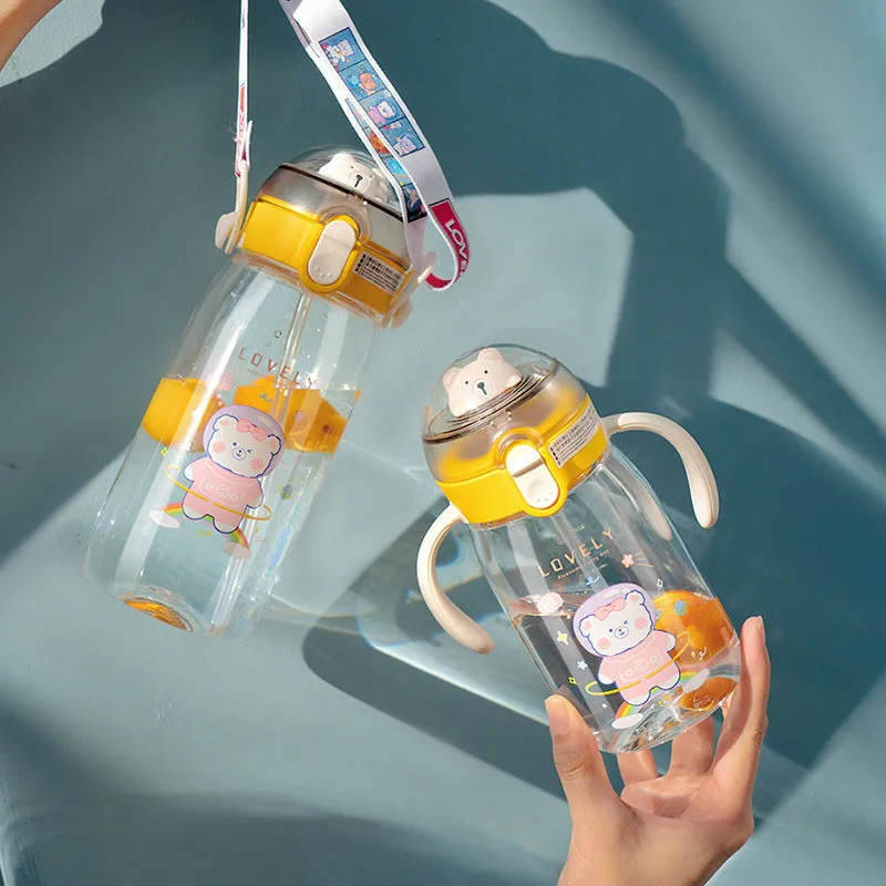 Premium Quality Cute Animal Design 550ml Water Bottle with Straw Strap and Side Handle Water Bottle