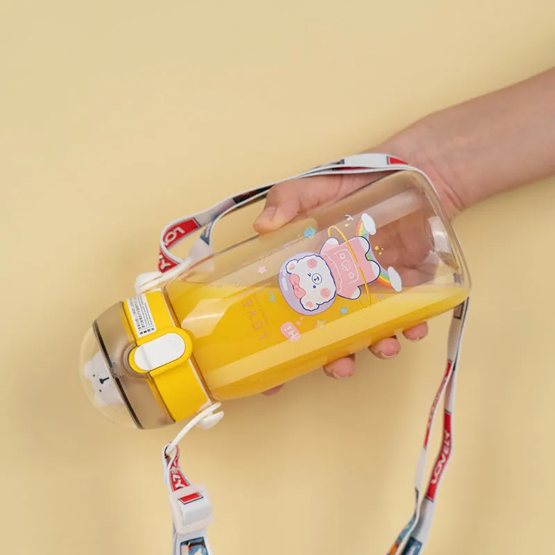 Premium Quality Cute Animal Design 550ml Water Bottle with Straw Strap and Side Handle Water Bottle