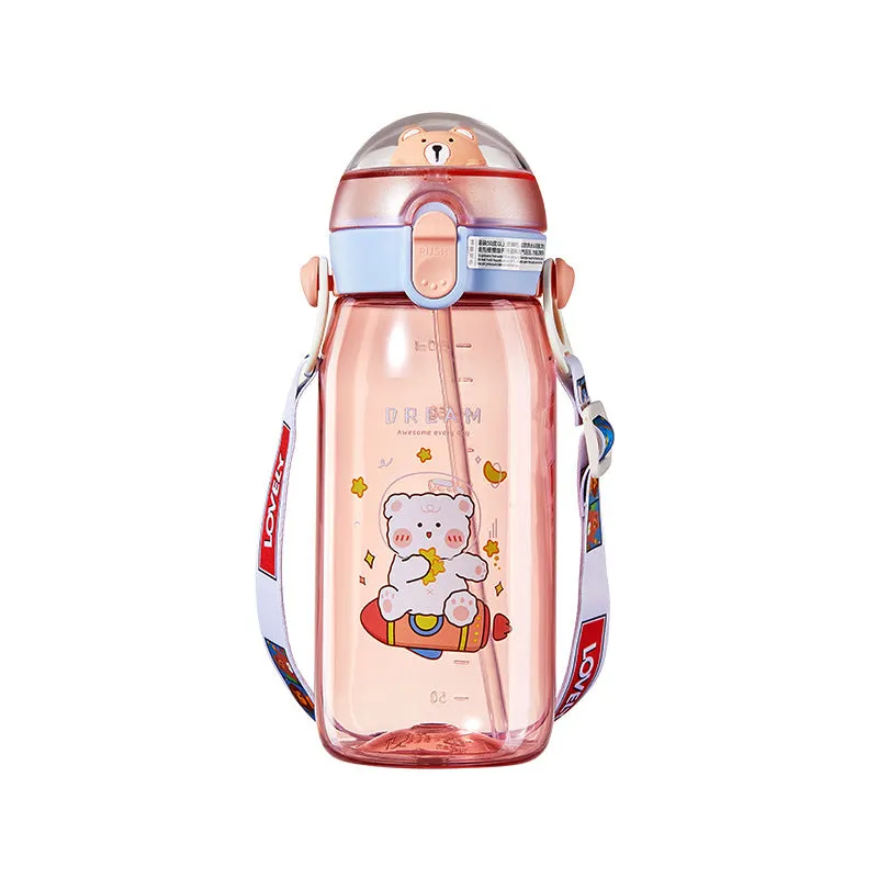 Premium Quality Cute Animal Design 550ml Water Bottle with Straw Strap and Side Handle Water Bottle
