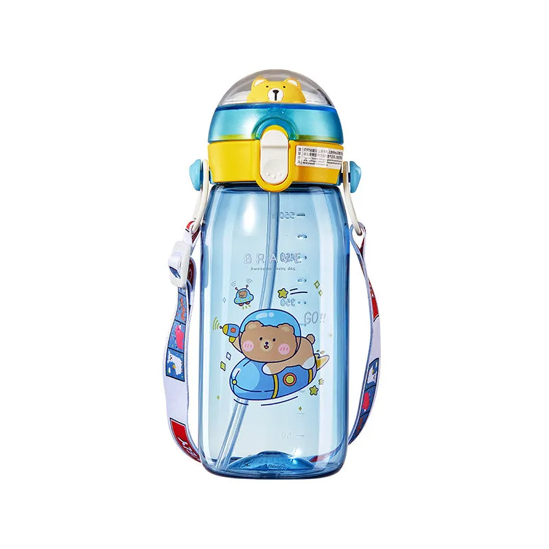 Premium Quality Cute Animal Design 550ml Water Bottle with Straw Strap and Side Handle Water Bottle
