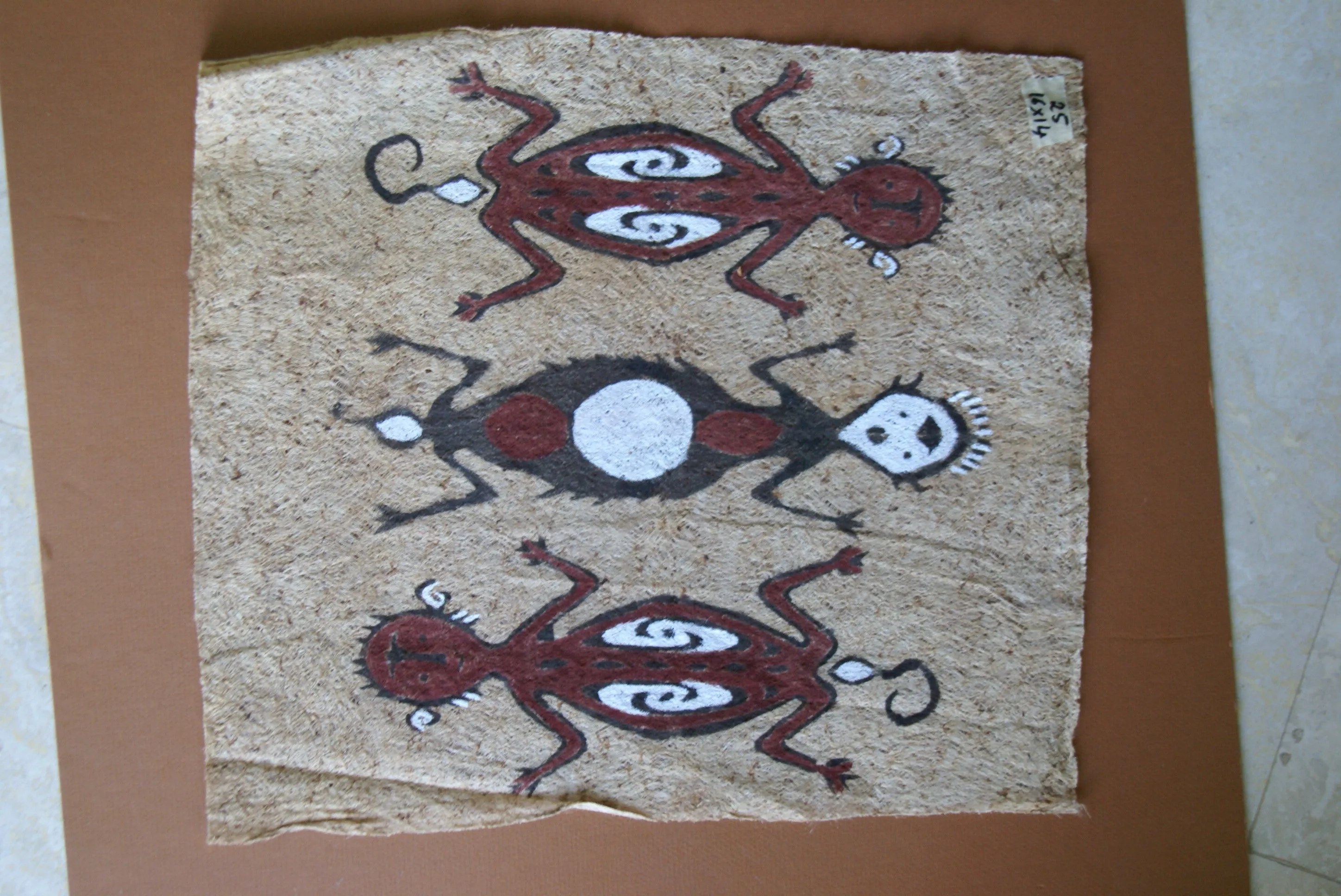 Rare Tapa Bark Cloth (Kapa in Hawaii), from Lake Sentani, Irian Jaya, Papua New Guinea. Hand painted by a Tribal Artist with natural pigments: Spiritual Stylized People Morphing into Geckos 16" x 14" (no 25)