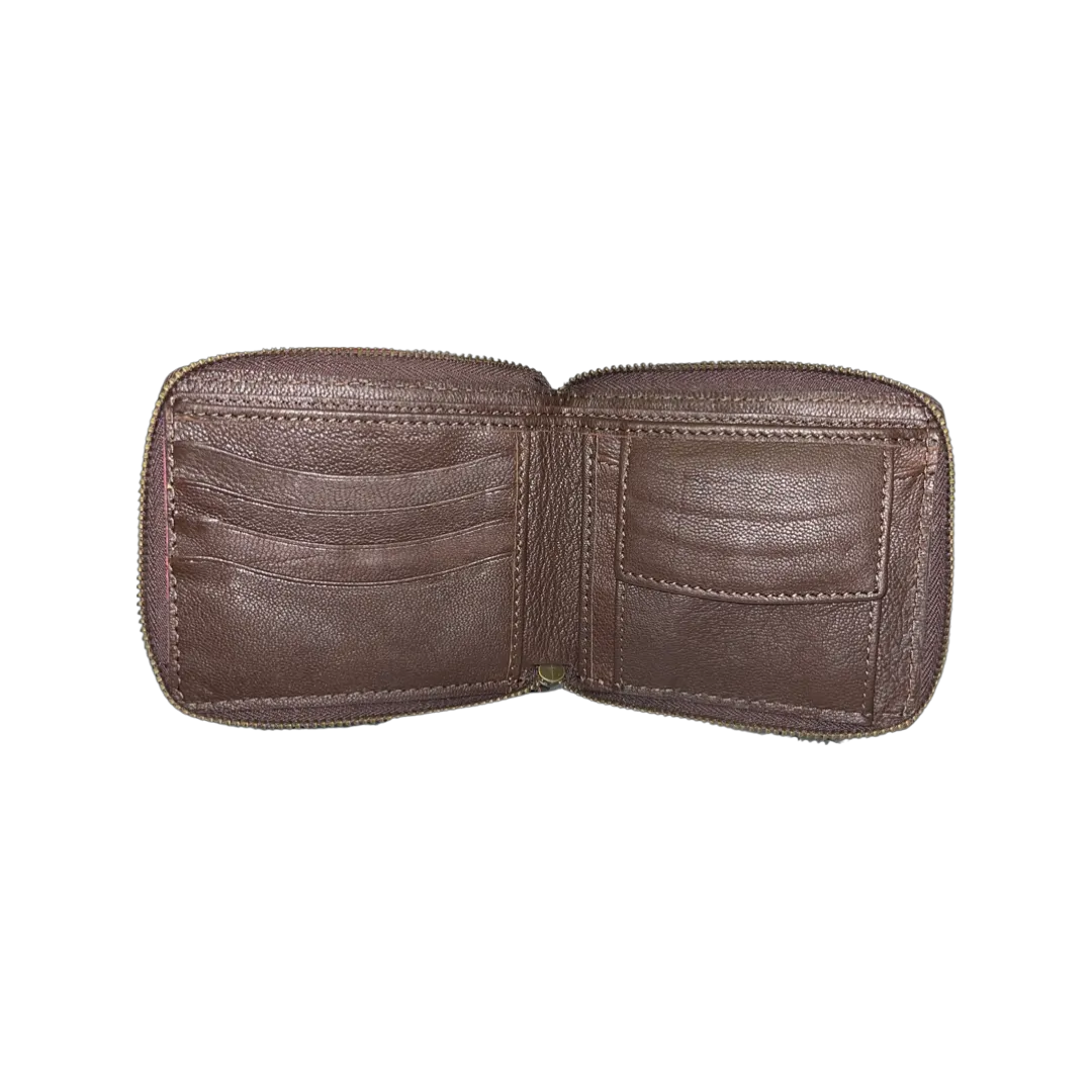 Small Cowhide Zippered Unisex Wallet - Brown / White