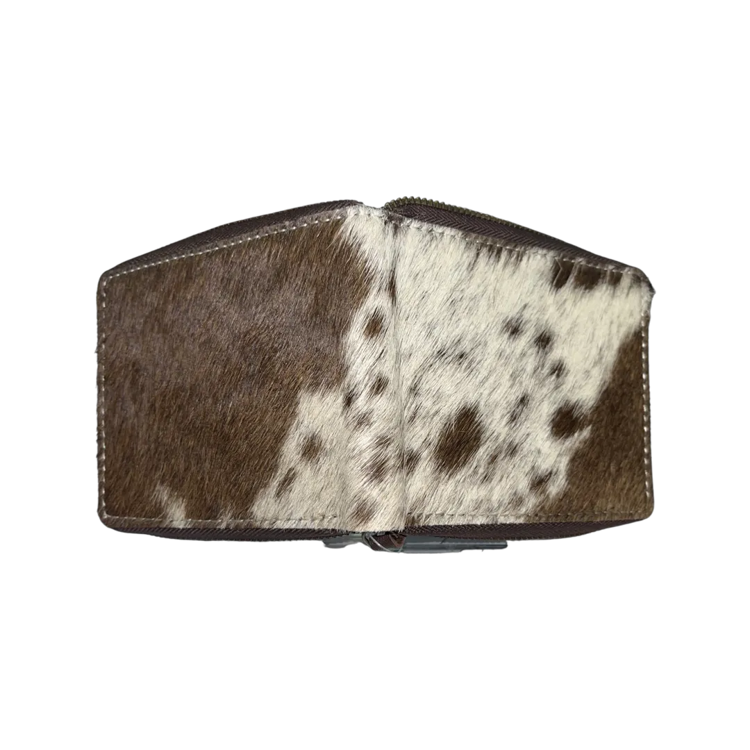 Small Cowhide Zippered Unisex Wallet - Brown / White