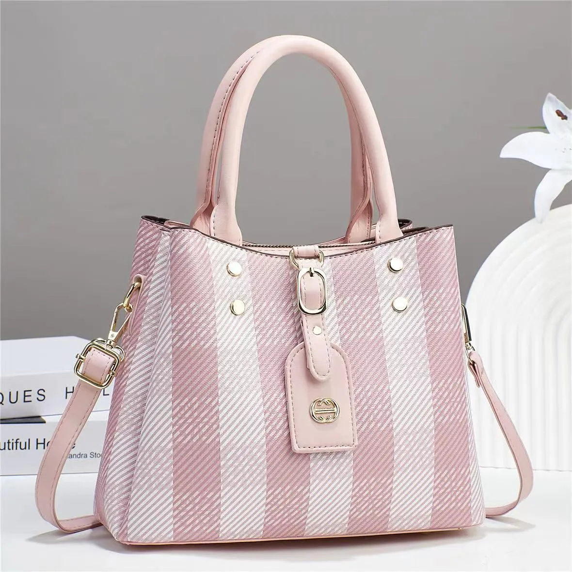 Striped Lambskin Satchel coffe and white