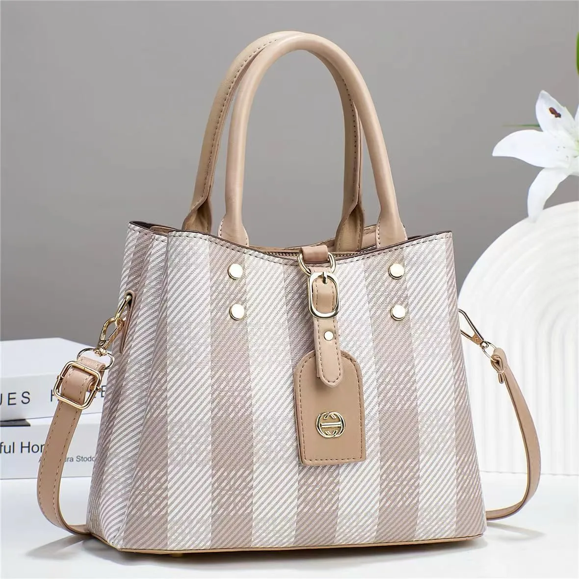 Striped Lambskin Satchel coffe and white