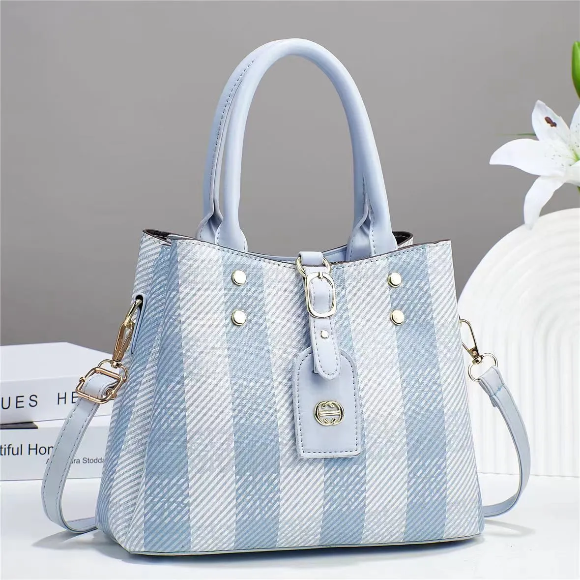 Striped Lambskin Satchel coffe and white