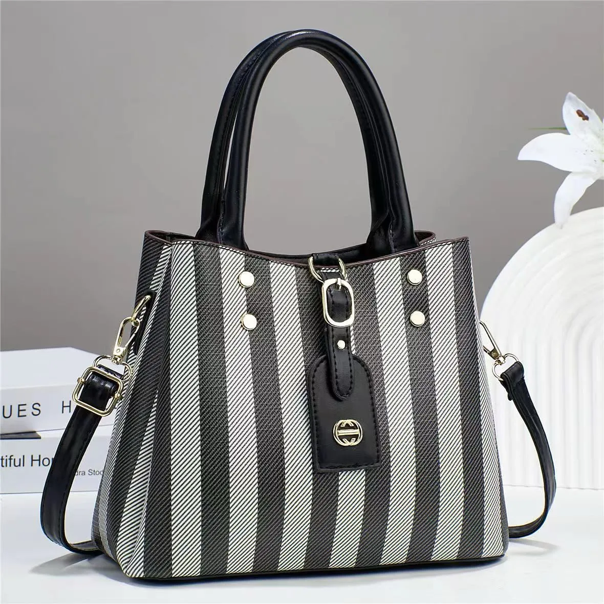 Striped Lambskin Satchel coffe and white