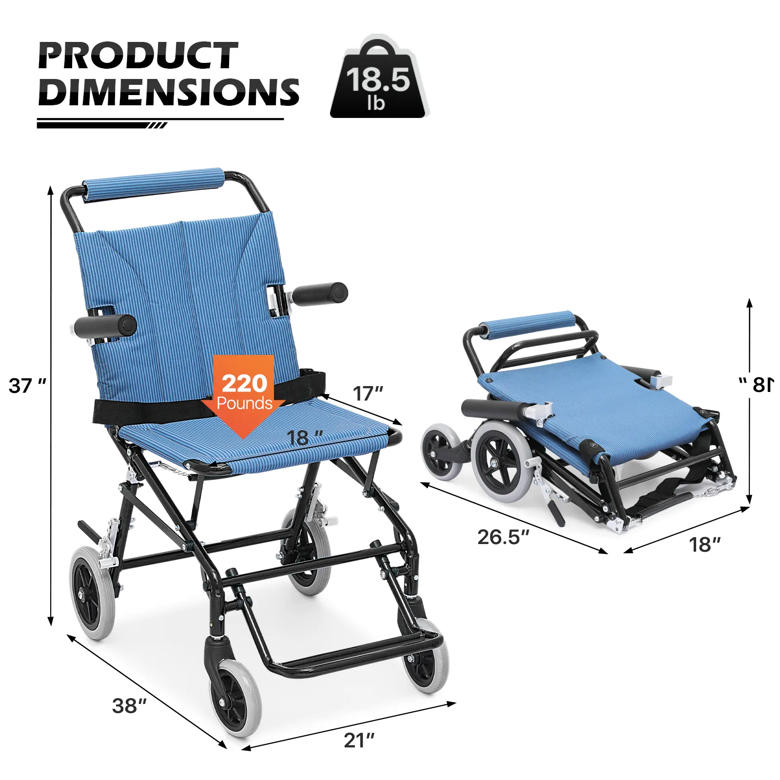 Transport Wheelchair - Black - Can Be Carry-on Plane
