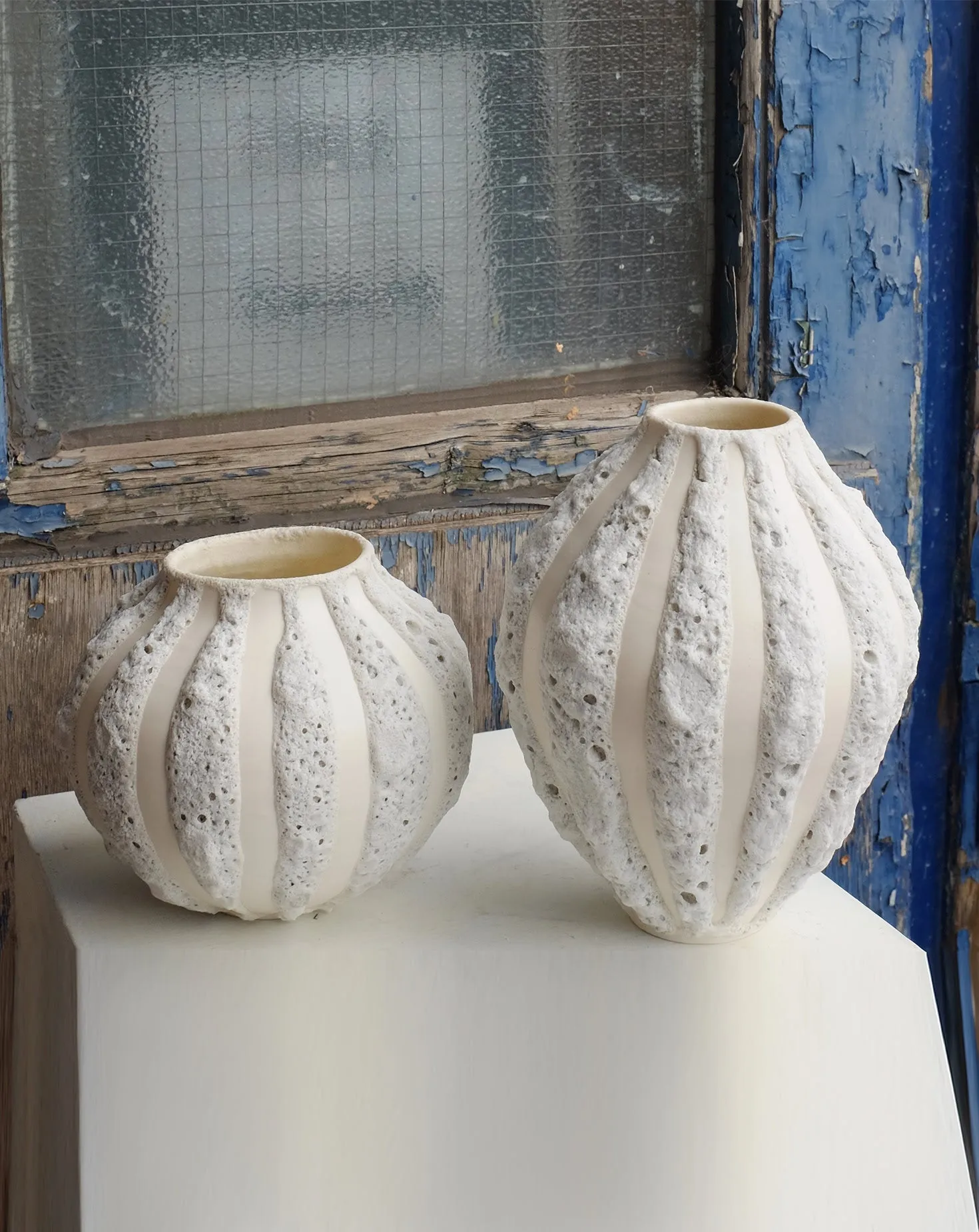 White Stripe Vase Low